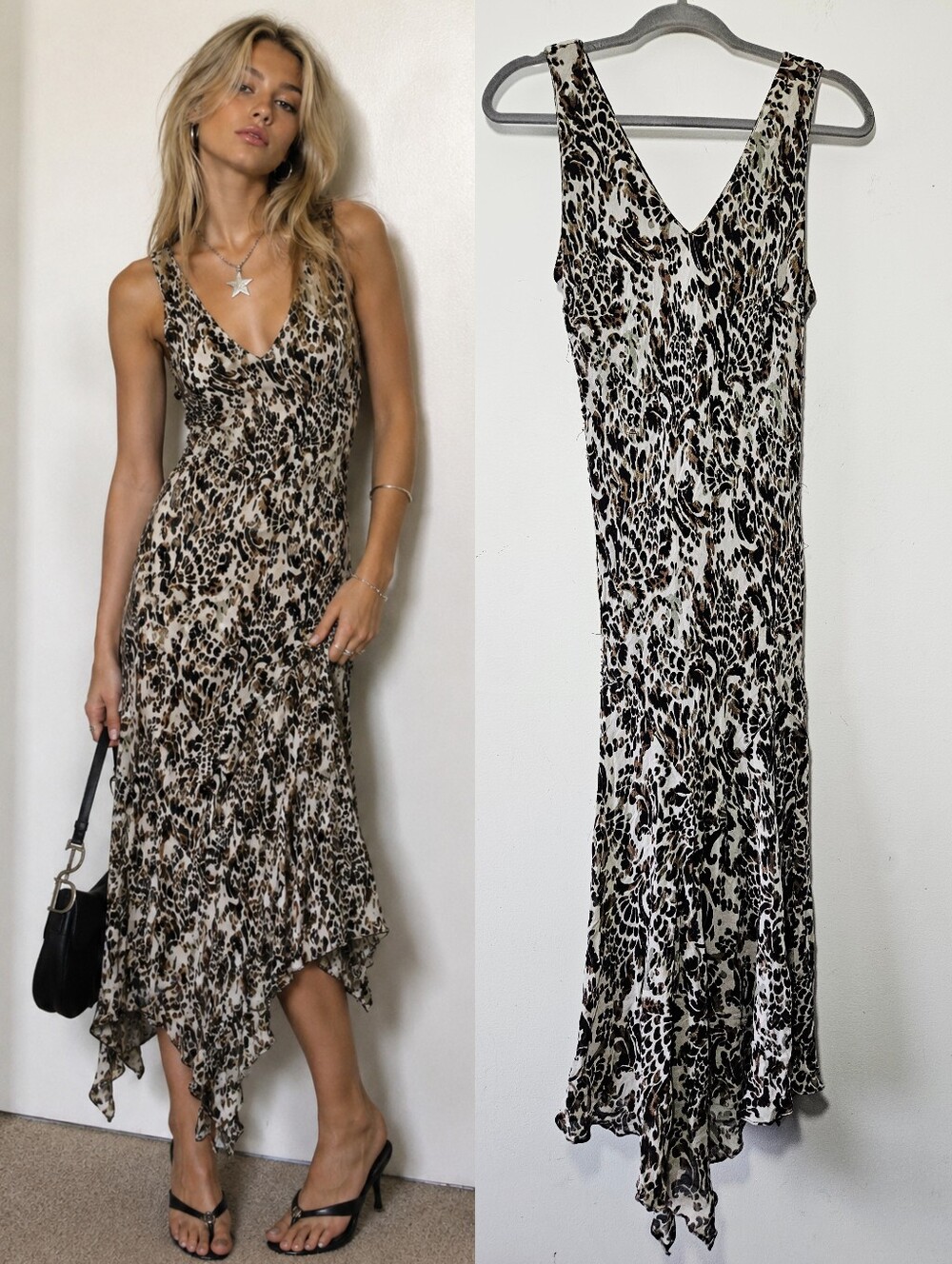 Vintage Eva Blue Ruffle Beaded Maxi Dress Size M/L Asymmetrical Hem 90s Y2K